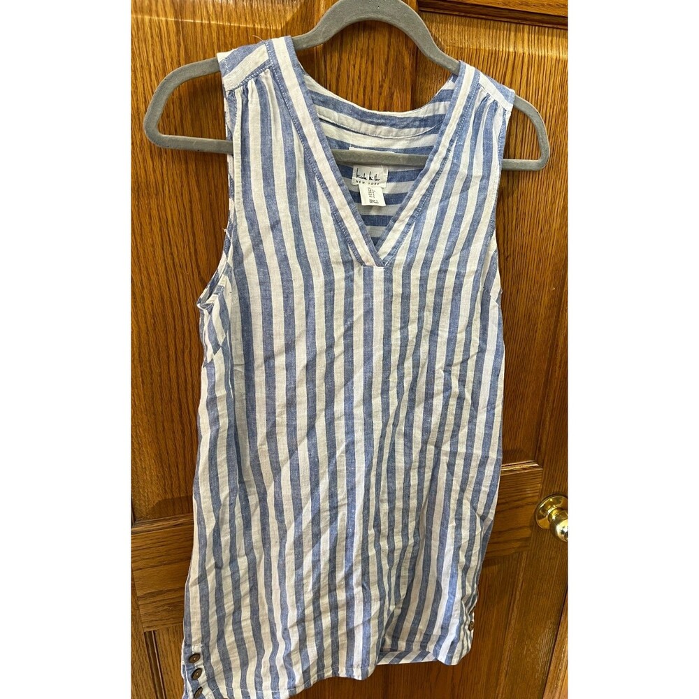 Nicole Miller Dress Womens Small S 100% LINEN Wood Buttons V NECK